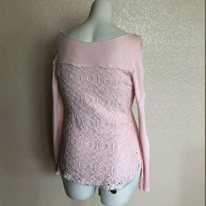 Soft Surroundings  Crochet Lace Long Sleeve Tunic Knit Top Size M Pink